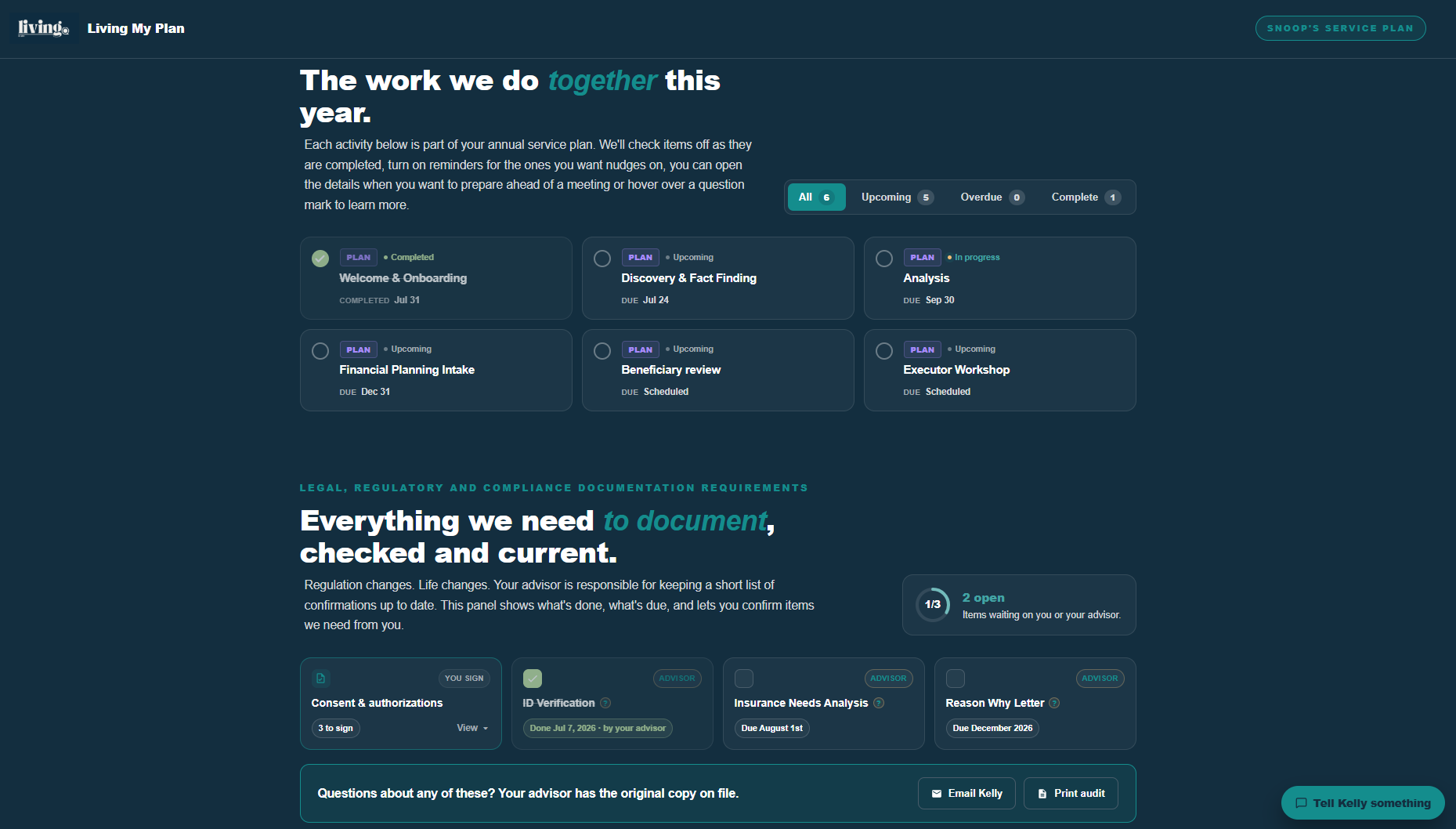 Client activities: the work we do together this year, with status and reminders