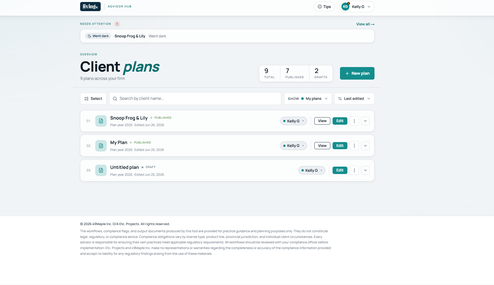 Advisor hub showing every client's service plan, status, and what needs attention