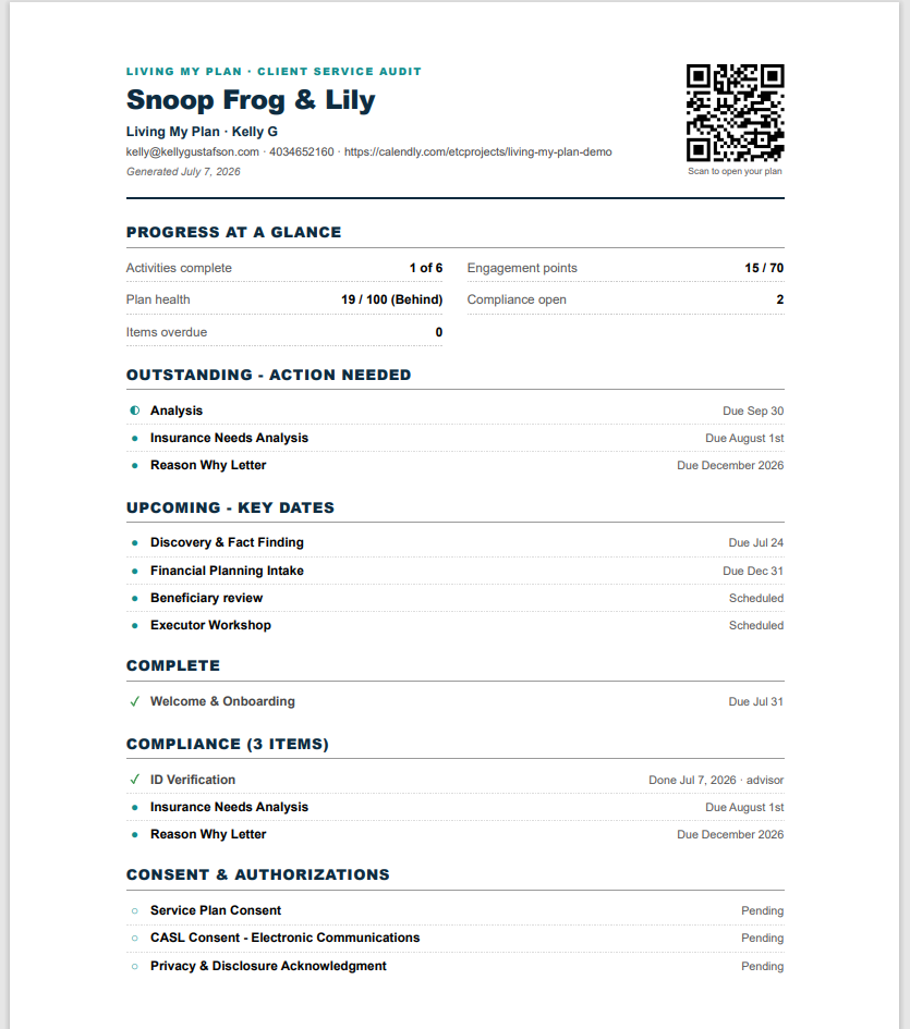 Printed client service audit: progress at a glance, outstanding items, key dates, compliance, and consents on one page