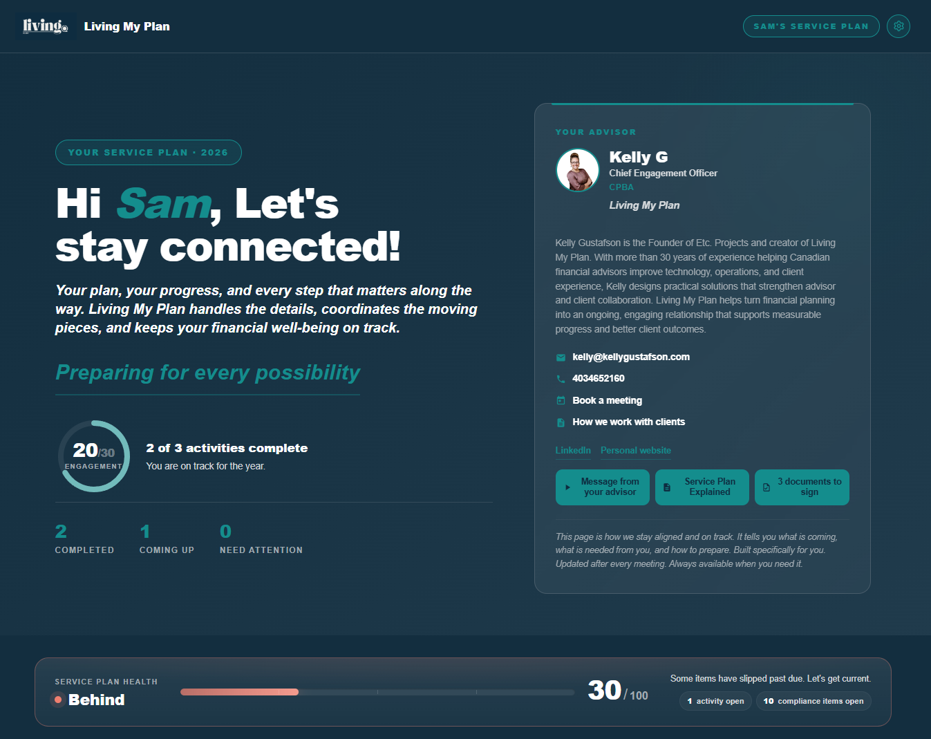 A client's service plan: personalized welcome, year progress, and advisor card